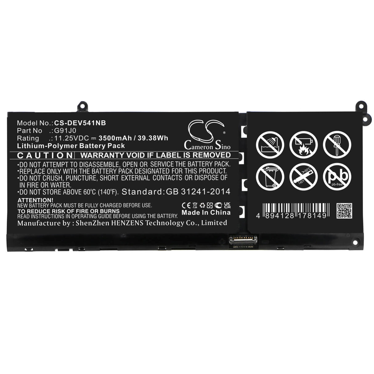 11.25v, Li-ion, 3500mah, Battery Fits Dell, Inspiron 5415, Inspiron 5418, 39.38wh Batteries for Electronics Cameron Sino Technology Limited   