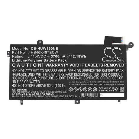 11.4v, Li-polymer, 3700mah, Battery Fits Huawei, Matebook D 2018, Matebook D 53010baj, 42.18wh Notebook, Laptop Cameron Sino Technology Limited   