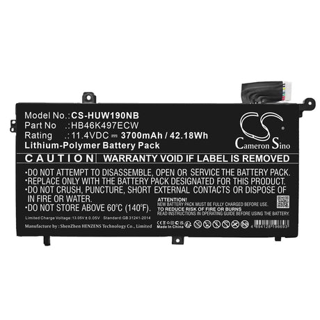 11.4v, Li-polymer, 3700mah, Battery Fits Huawei, Matebook D 2018, Matebook D 53010baj, 42.18wh Notebook, Laptop Cameron Sino Technology Limited   