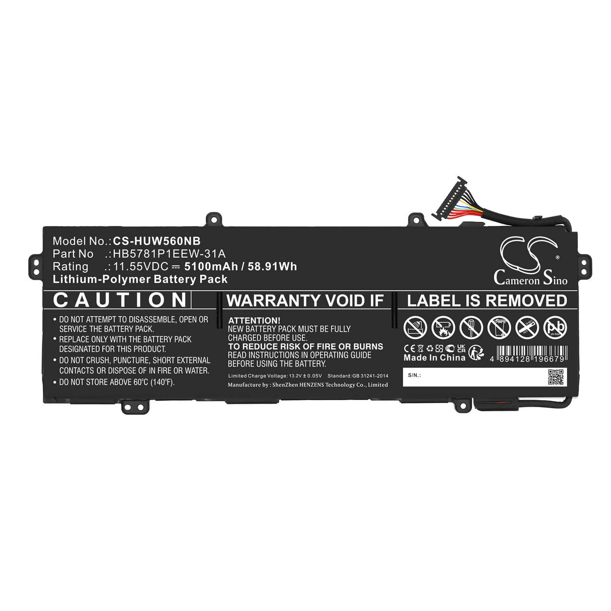 11.55v, Li-polymer, 5100mah, Battery Fits Huawei, Emd-w76, Hkd-w56, 58.91wh Notebook, Laptop Cameron Sino Technology Limited   