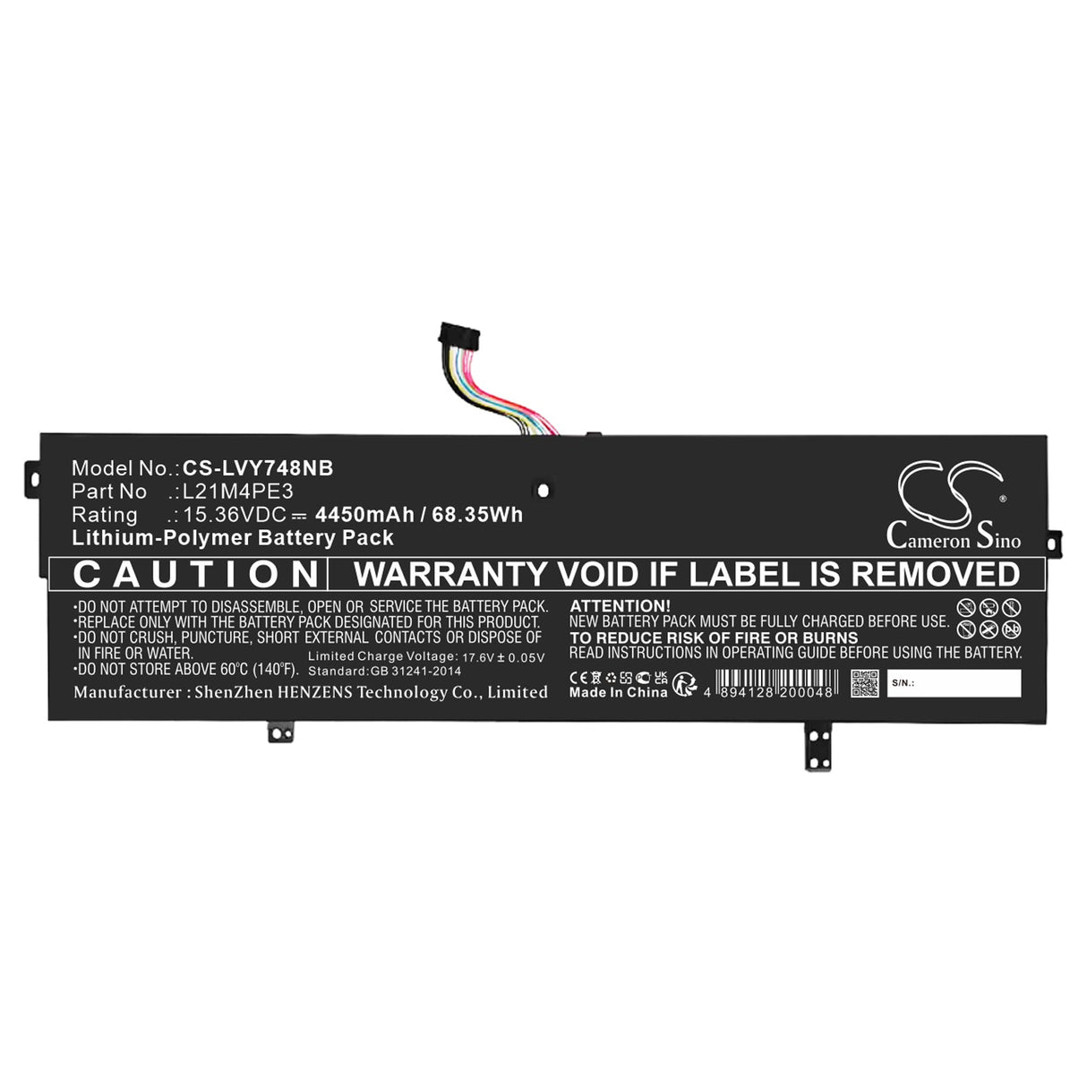 15.36V, Li-Polymer, 4450mAh, Battery fits Lenovo, Yoga 7 14arb7 82qf000dsp, Yoga 7 14arb7 82qf000fau, 68.35Wh Notebook, Laptop Cameron Sino Technology Limited   