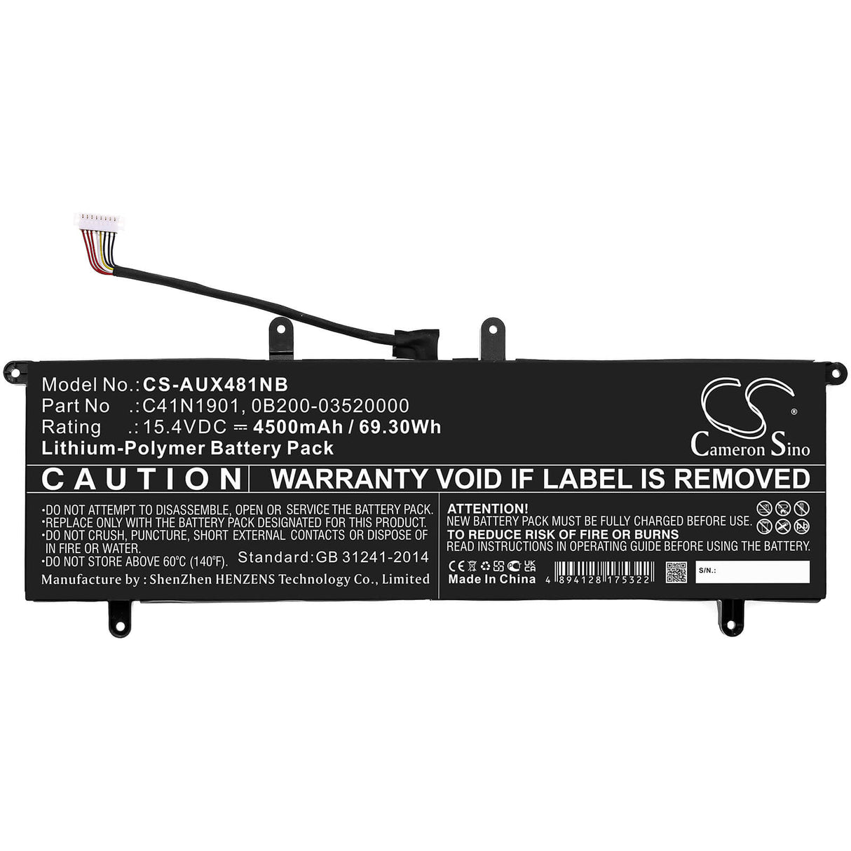 15.4v, Li-polymer, 4500mah, Battery Fits Asus, Zenbook 14 Ux481f, Zenbook 14 Ux481fl, 69.30wh Notebook, Laptop Cameron Sino Technology Limited   