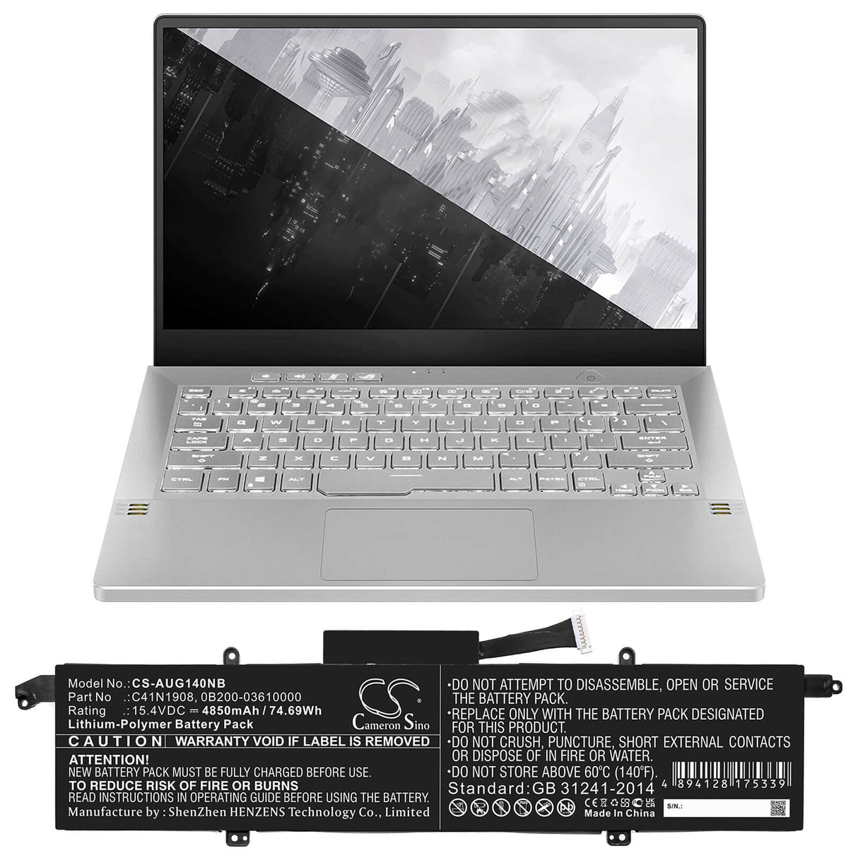 15.4v, Li-polymer, 4850mah, Battery Fits Asus, Rog Zephyrus G14, Rog Zephyrus G14 Ga401ih, 74.69wh Notebook, Laptop Cameron Sino Technology Limited   