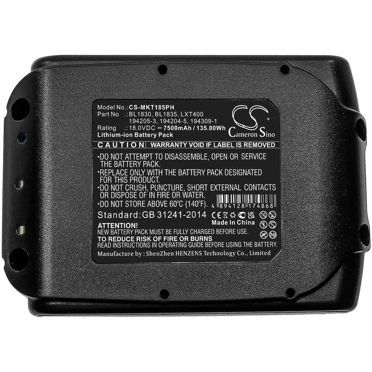 18.0v, 7500mah, Li-ion Battery Fit's Makita, Bbo180, Bbo180z, Bcf201, 135.00wh Power Tools Cameron Sino Technology Limited (Dangerous Goods)   