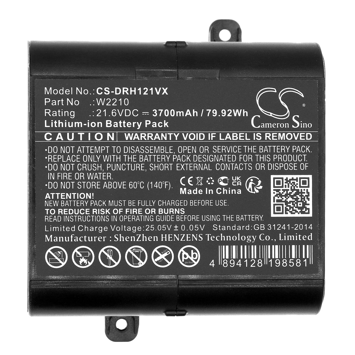 21.6V, Li-ion, 3700mAh, Battery fits Dreame, H12, H12 Pro, 79.92Wh Vacuum Cameron Sino Technology Limited   