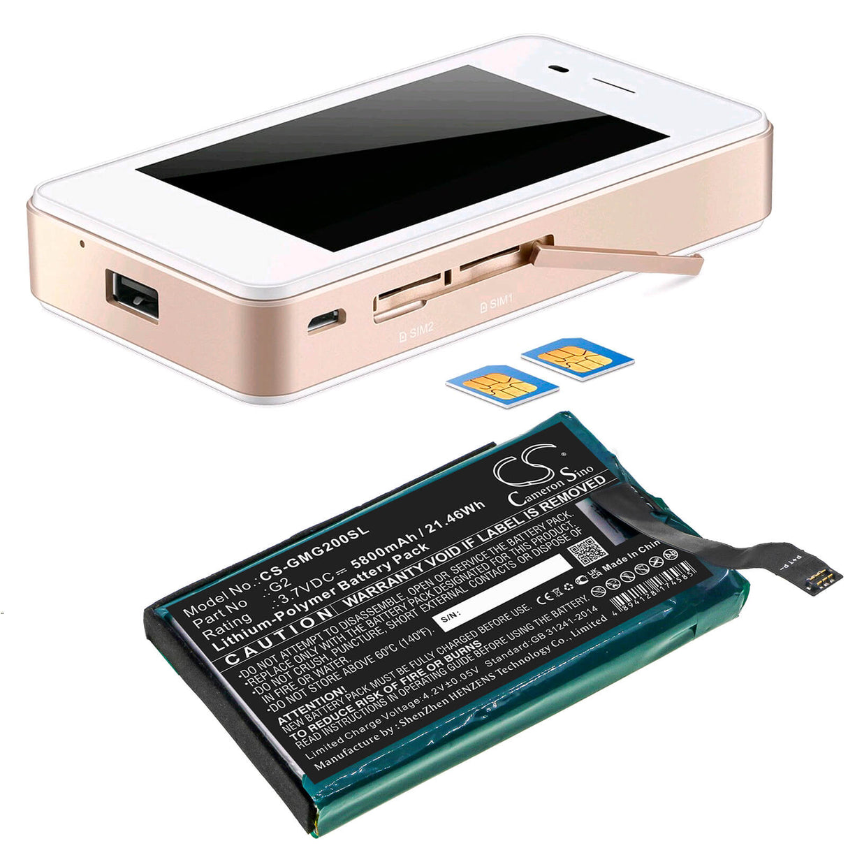 3.7v, 5800mah, Li-polymer Battery Fit's Glocalme, G2, 21.46wh Hotspot Cameron Sino Technology Limited   