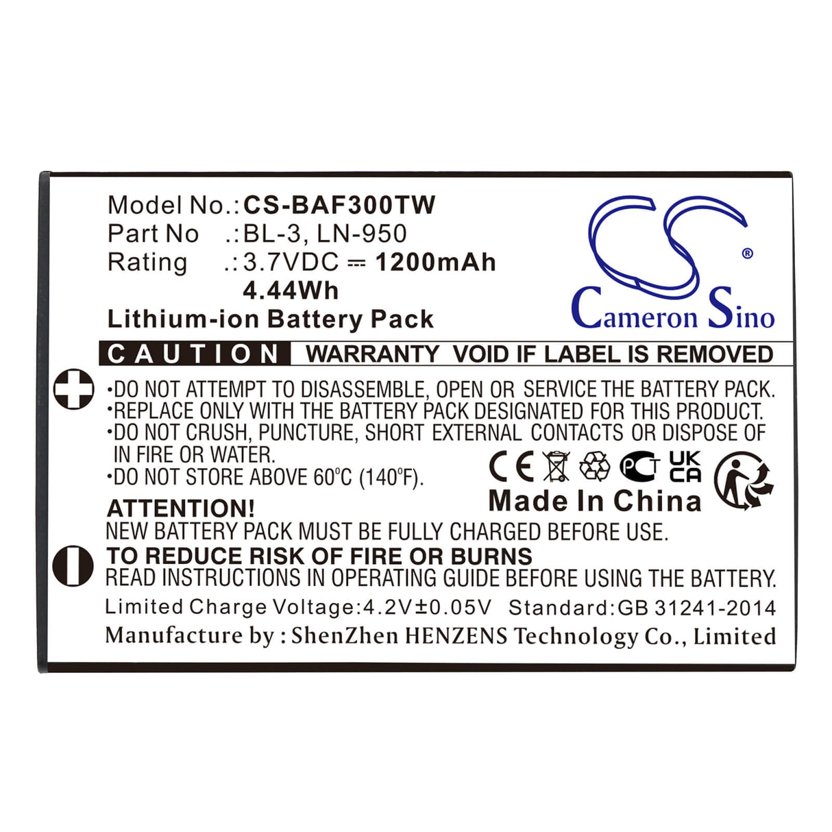 3.7v, Li-ion, 1200mah, Battery Fits Baofeng, Bf-r5, Bf-t6, 4.44wh Two-Way Radio Cameron Sino Technology Limited   