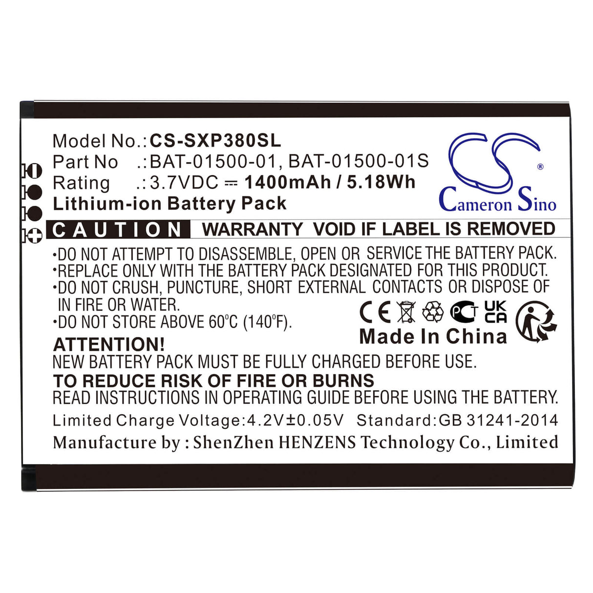 3.7v, Li-ion, 1400mah, Smartphone battery Fits Sonim Xp3800, 5.18wh Mobile, SmartPhone Cameron Sino Technology Limited   