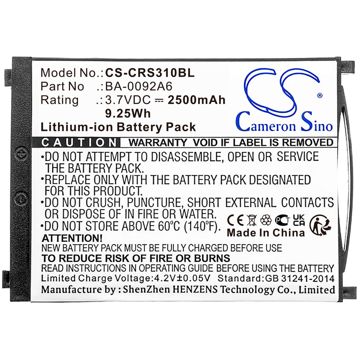 3.7v, Li-ion, 2500mah, Battery Fits Cipherlab, Rs31, 9.25wh Barcode Scanner Cameron Sino Technology Limited   