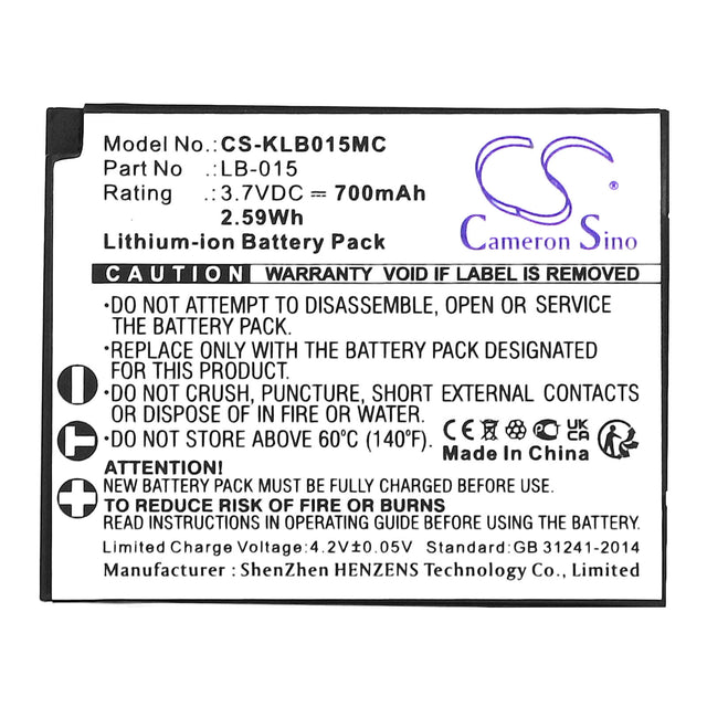 3.7v, Li-ion, 700mah, Camera Battery Fits Kodak Wpz2, 2.59wh Camera Cameron Sino Technology Limited   