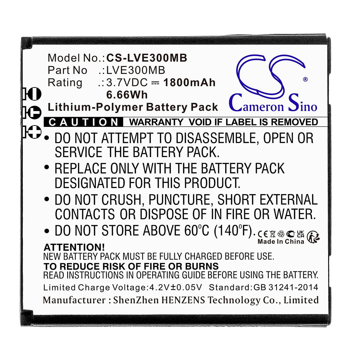 3.7v, Li-polymer, 1800mah, Baby monitor battery Fits Levana 30018pu, Astra, 6.66wh BabyPhone Cameron Sino Technology Limited   