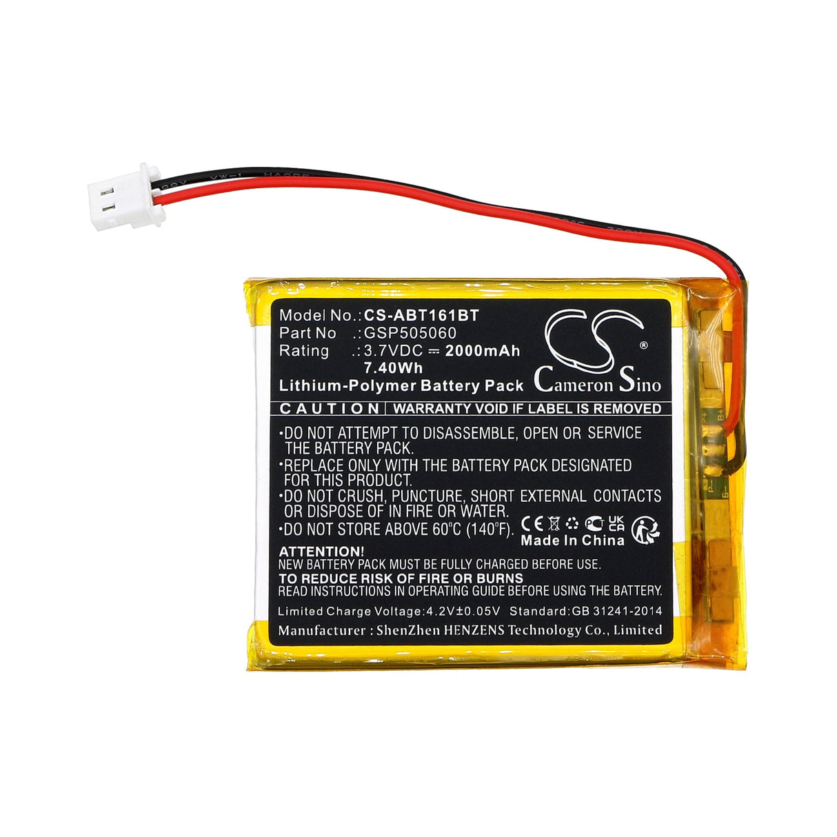 3.7v, Li-polymer, 2000mah, Alarm Battery Fits Abus Tvac16001, 7.40wh Alarm System Cameron Sino Technology Limited   