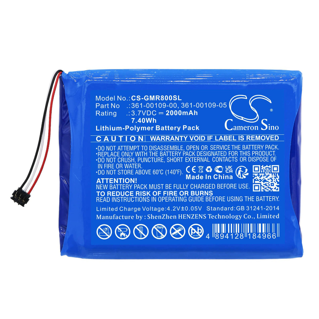 3.7v, Li-polymer, 2000mah, Battery Fits Garmin, Dezl Otr800, Dezl Otr800 Mt-s, 7.40wh GPS, Navigator Cameron Sino Technology Limited   