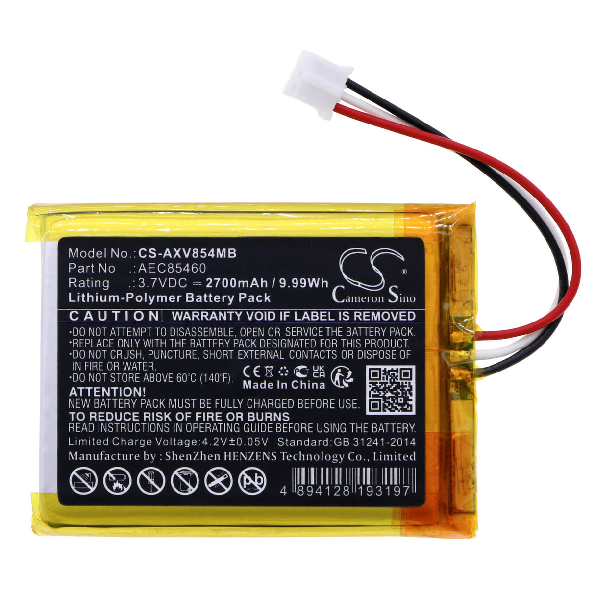 3.7v, Li-polymer, 2700mah, Battery Fits Axvue, Baby Monitor, 9.99wh BabyPhone Cameron Sino Technology Limited   