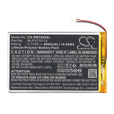 3.7V, Li-Polymer, 4000mAh, Battery fits Rand Mcnally, Tnd-t80a, Tnd-t80b, 14.80Wh GPS, Navigator Cameron Sino Technology Limited   