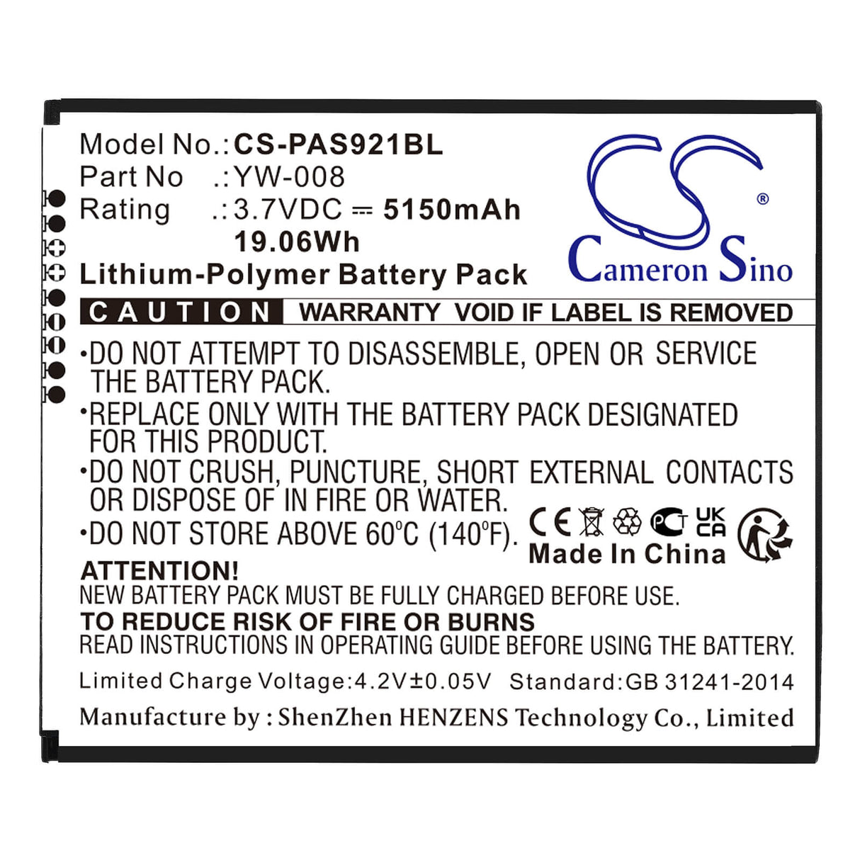 3.7v, Li-polymer, 5150mah, Battery Fits Pax, A920 Pro, 19.06wh Payment Terminal Cameron Sino Technology Limited   