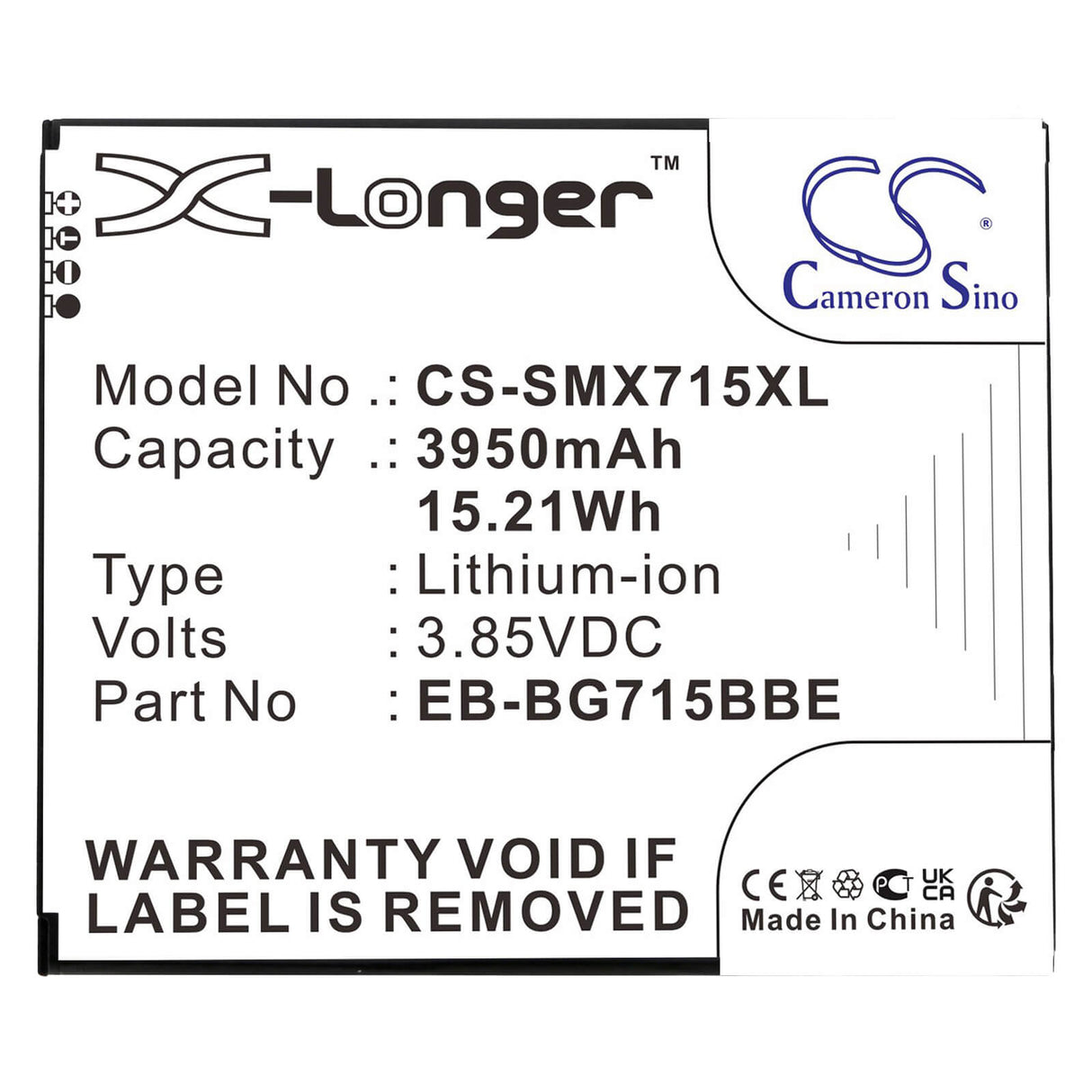 3.85v, 3950mah, Li-ion Battery Fit's Samsung, Galaxy Xcover Pro, Sm-g715, Sm-g715fn/ds, 15.21wh Mobile, SmartPhone Cameron Sino Technology Limited   