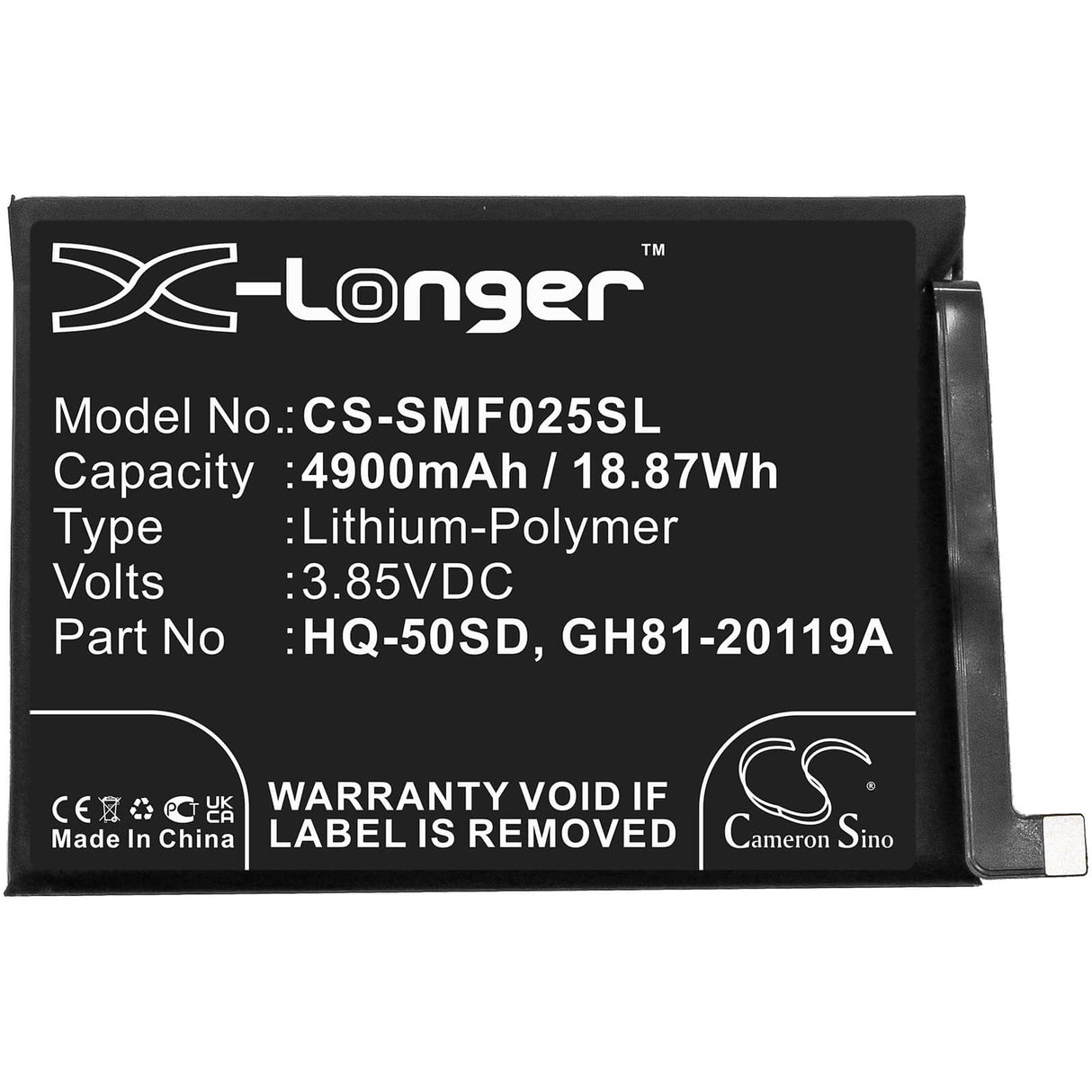 3.85v, 4900mah, Li-polymer Battery Fit's Samsung, Galaxy A02s, Galaxy A02s 2020, Galaxy A03s 2021, 18.87wh Mobile, SmartPhone Cameron Sino Technology Limited   