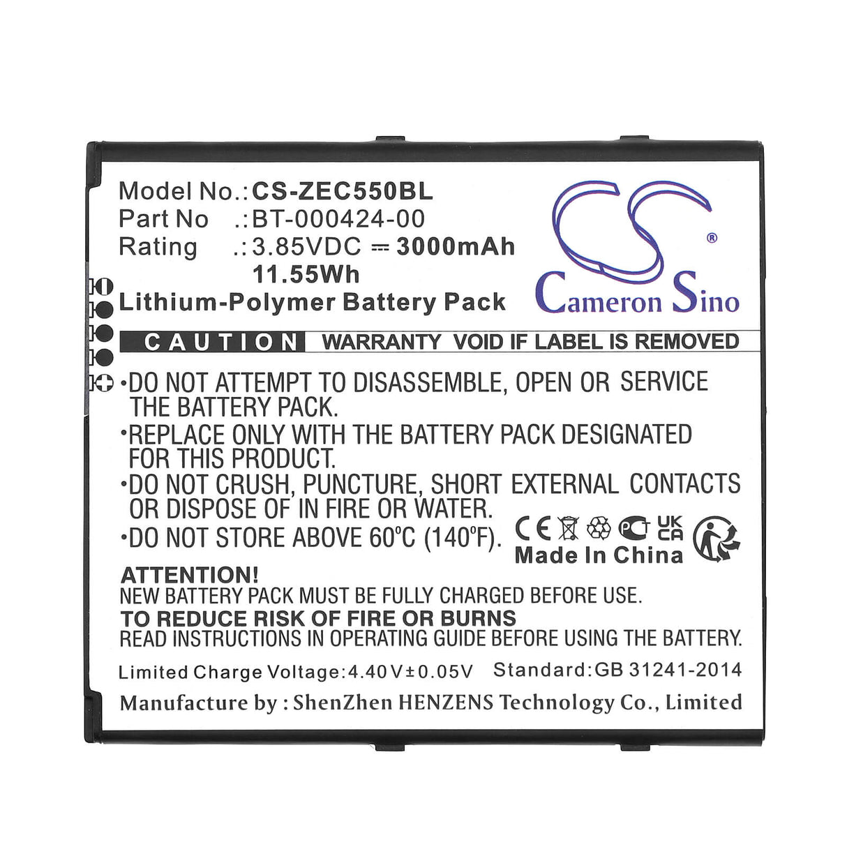 3.85v, Li-polymer, 3000mah, Battery Fits Zebra, Ec50, Ec55, 11.55wh Barcode Scanner Cameron Sino Technology Limited   