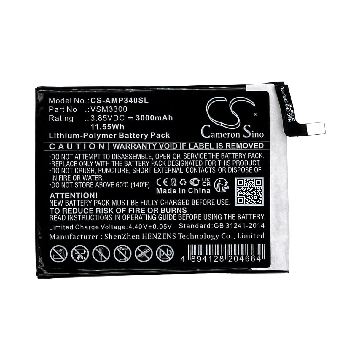 3.85v, Li-polymer, 3000mah, Smartphone battery Fits AT&T, Cricket Fusion Z, Maestro Plus, 11.55wh Mobile, SmartPhone Cameron Sino Technology Limited   