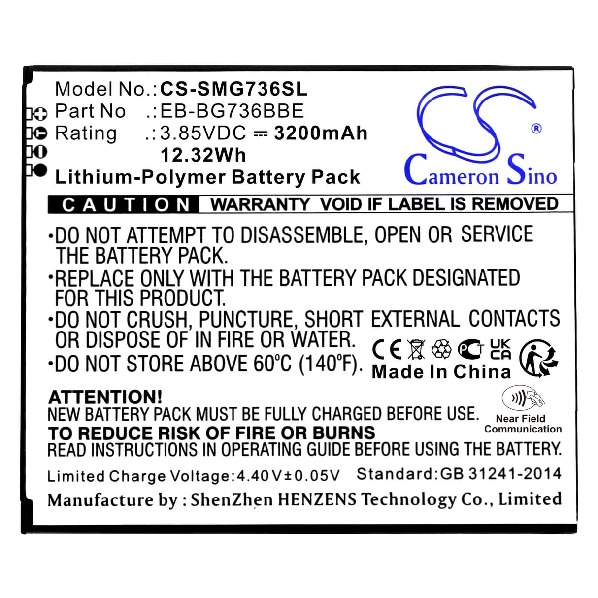 3.85v, Li-polymer, 3200mah, Battery Fits Samsung Galaxy Xcover 6 Pro, Sm-g736b, Sm-g736b/ds, 12.32wh Mobile, SmartPhone Cameron Sino Technology Limited   