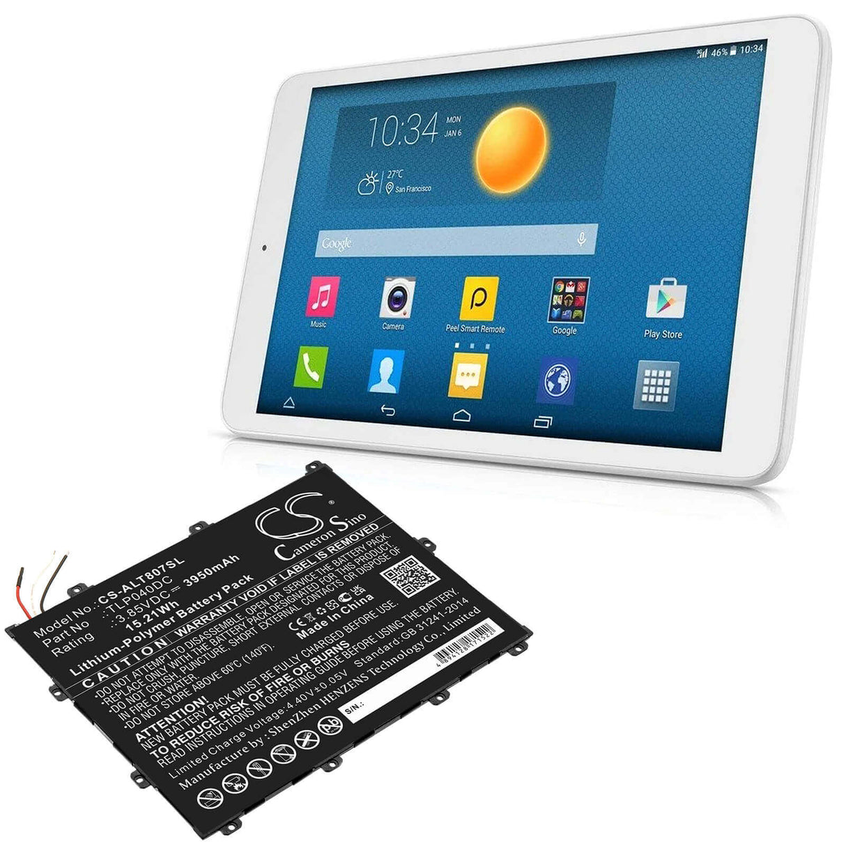 3.85v, Li-polymer, 3950mah, Battery Fit's Alcatel, One Touch Pixi 3 8, Ot-8070, 15.21wh Tablet Cameron Sino Technology Limited   