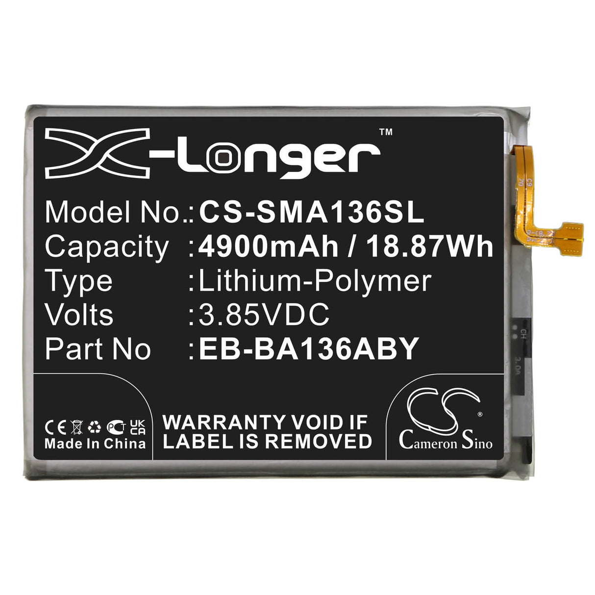 3.85v, Li-polymer, 4900mah, Battery Fits Samsung Galaxy A13 5g, Sm-a136a, 18.87wh Mobile, SmartPhone Cameron Sino Technology Limited   