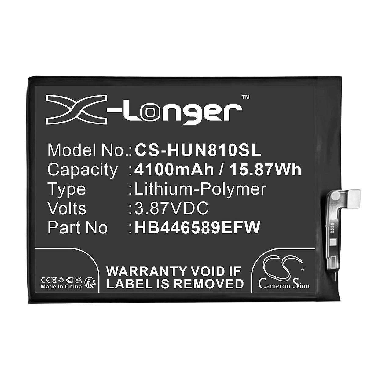 3.87V, Li-Polymer, 4100mAh, Battery fits Huawei, Cha-al80, Coco-an40, 15.87Wh  Cameron Sino Technology Limited   