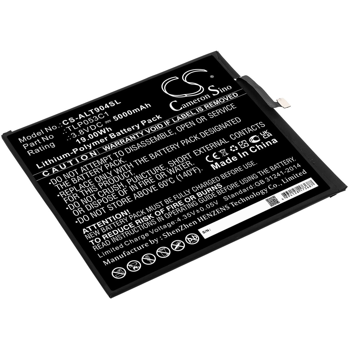 3.8v, 5000mah, Li-polymer Battery Fit's Alcatel, 9048s, Tab 8, 19.00wh Tablet Cameron Sino Technology Limited   