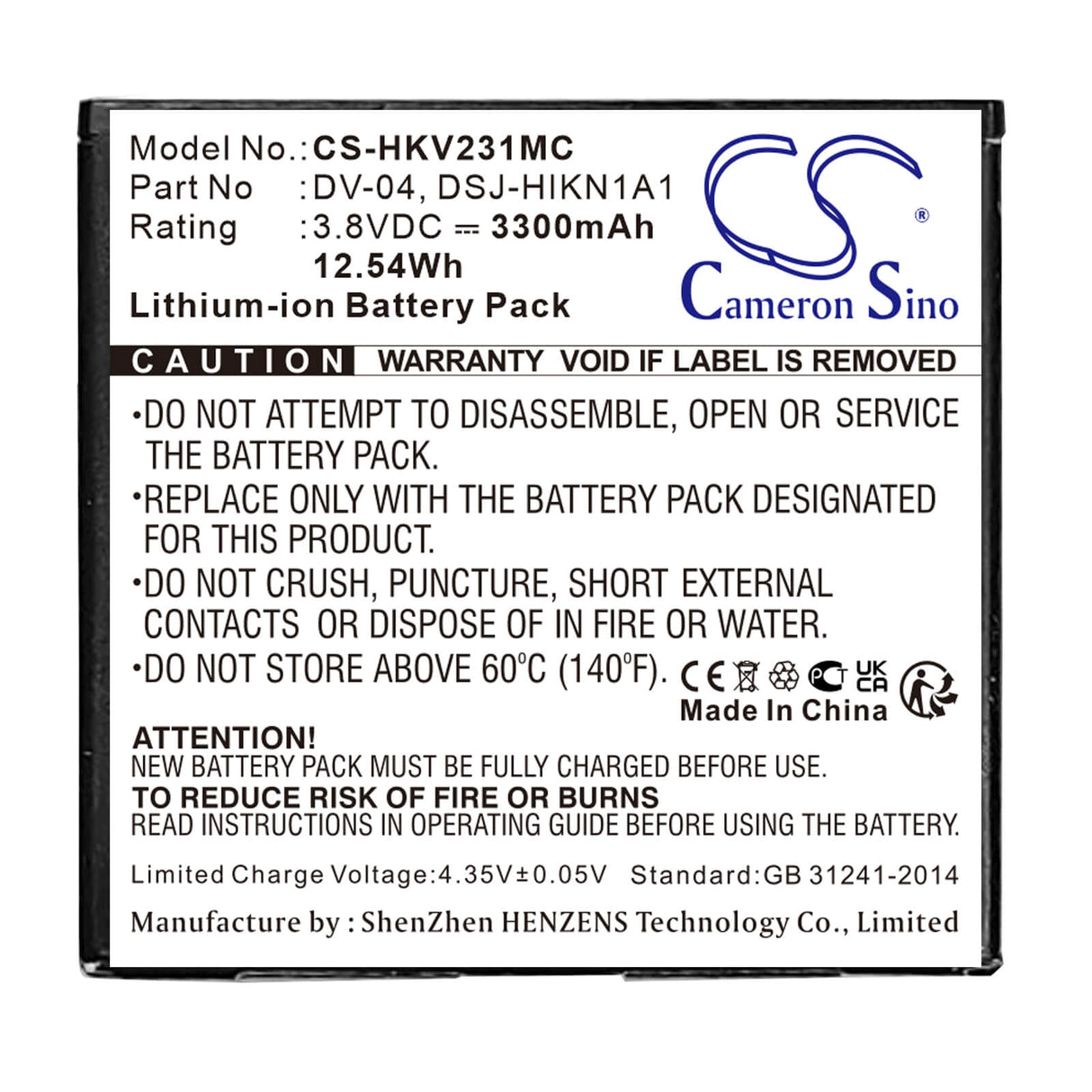 3.8v, Li-ion, 3300mah, Battery Fits Hikvision, Dsj-hikn1a1, Ds-mh1310-n1, 12.54wh Body Camera Cameron Sino Technology Limited   