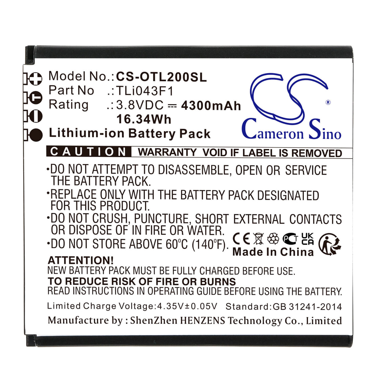 3.8v, Li-ion, 4300mah, Battery Fits Alcatel Linkzone 2, Mw43tm21, 16.34wh Hotspot Cameron Sino Technology Limited   