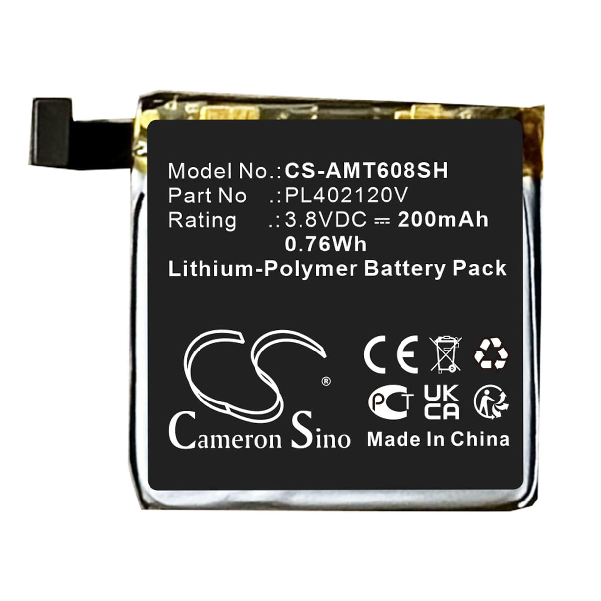 3.8v, Li-polymer, 200mah, Battery Fits Amazfit, A1608, Bip, 0.76wh Smartwatch Cameron Sino Technology Limited   