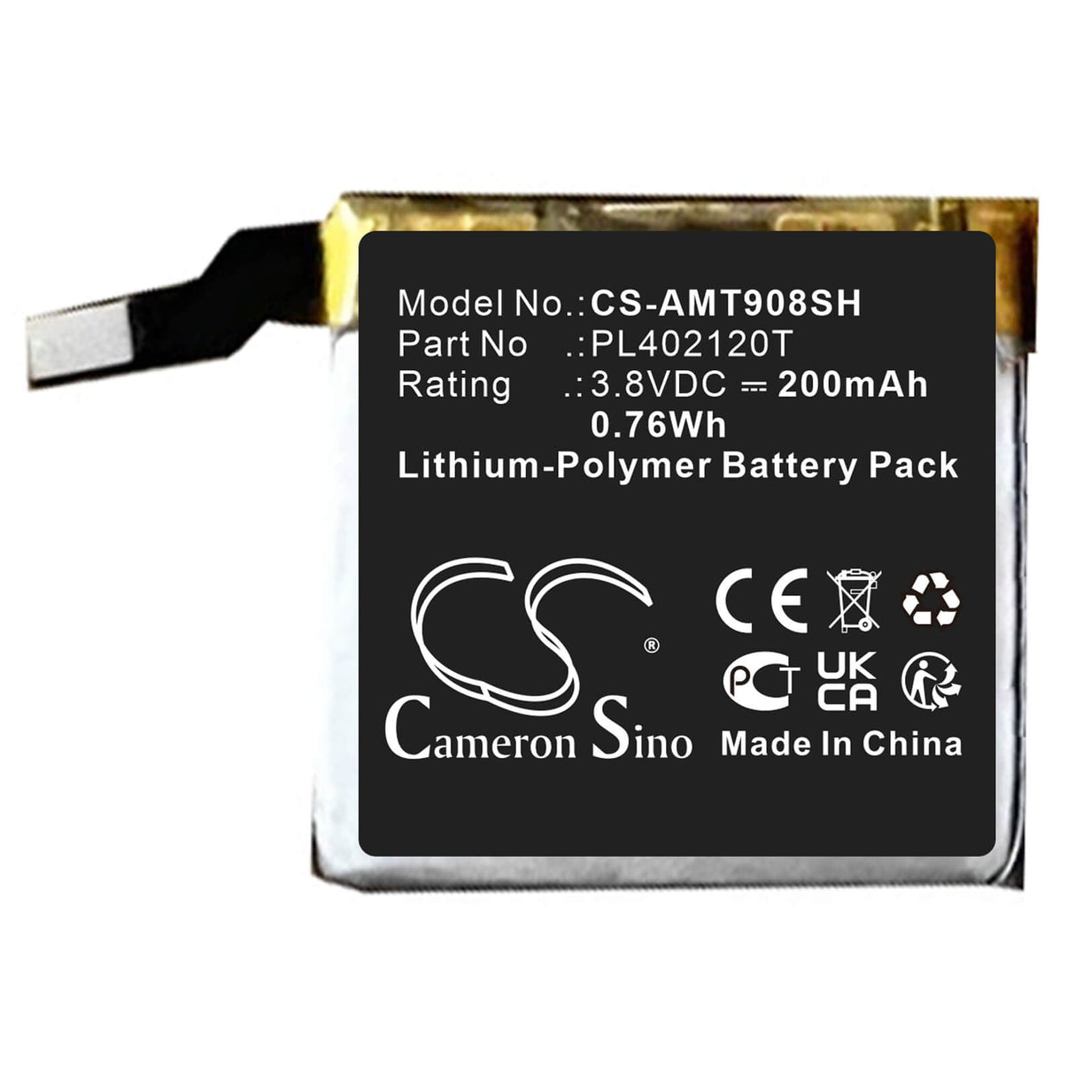 3.8v, Li-polymer, 200mah, Battery Fits Amazfit, A1908, Ares, 0.76wh Smartwatch Cameron Sino Technology Limited   