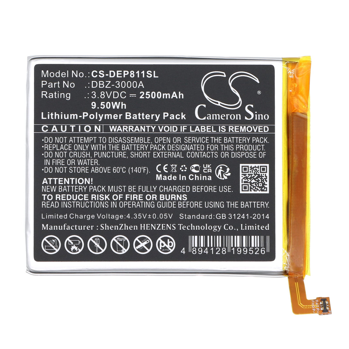 3.8V, Li-Polymer, 2500mAh, Battery fits Doro, 8100, 8100 Plus, 9.50Wh Mobile, SmartPhone Cameron Sino Technology Limited   