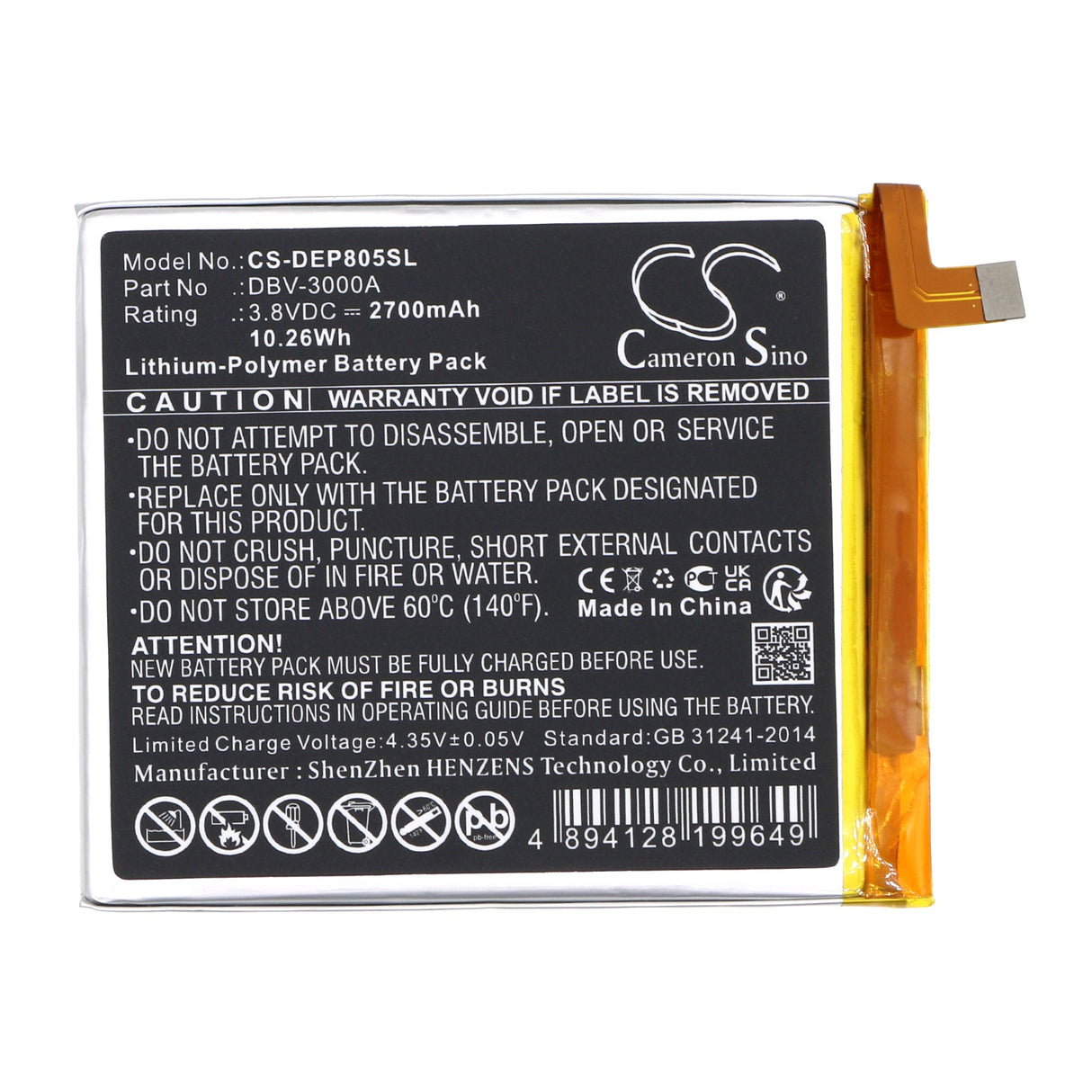 3.8V, Li-Polymer, 2700mAh, Battery fits Doro, 8050, Dbs-0230, 10.26Wh Mobile, SmartPhone Cameron Sino Technology Limited   