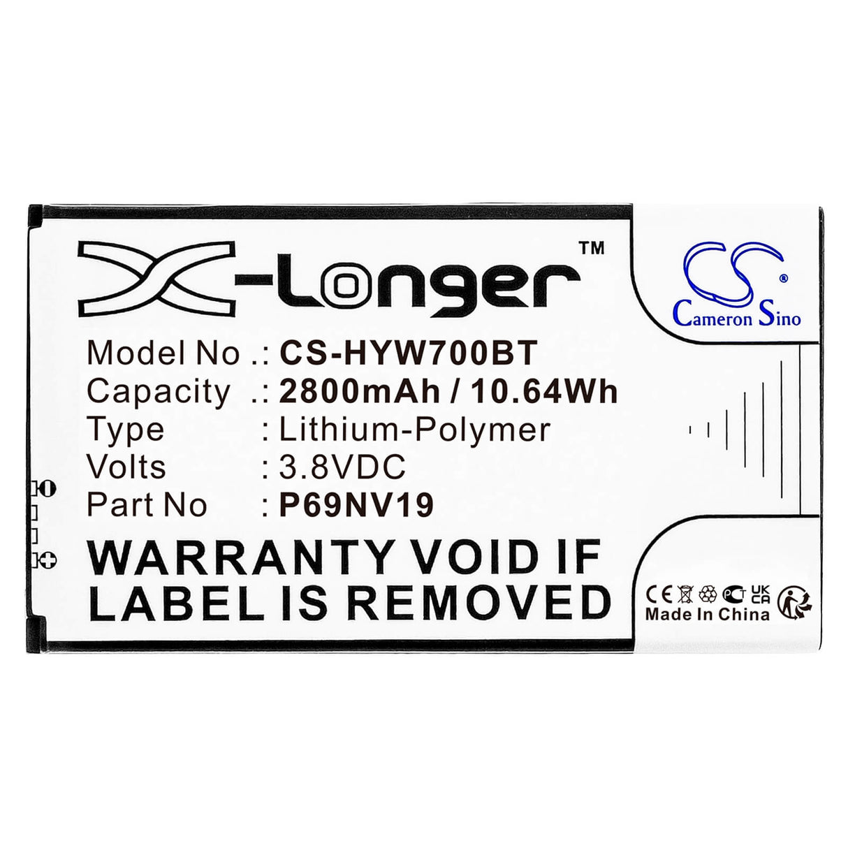 3.8v, Li-polymer, 2800mah, Alarm Battery Fits Honeywell & Adt, Wts700 Resideo 7" Wireless Sec, 10.64wh Alarm System Cameron Sino Technology Limited   