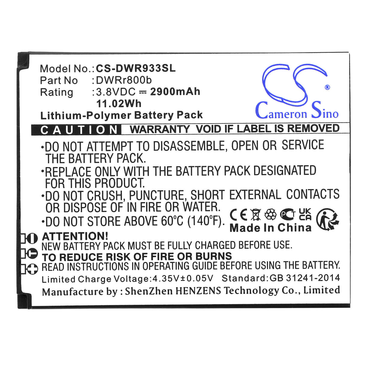 3.8v, Li-polymer, 2900mah, Battery Fits D-link, Dwr-933 B1, 11.02wh Hotspot Cameron Sino Technology Limited   