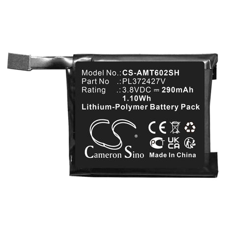 3.8v, Li-polymer, 290mah, Battery Fits Amazfit, A1602, A1612, 1.10wh Smartwatch Cameron Sino Technology Limited   