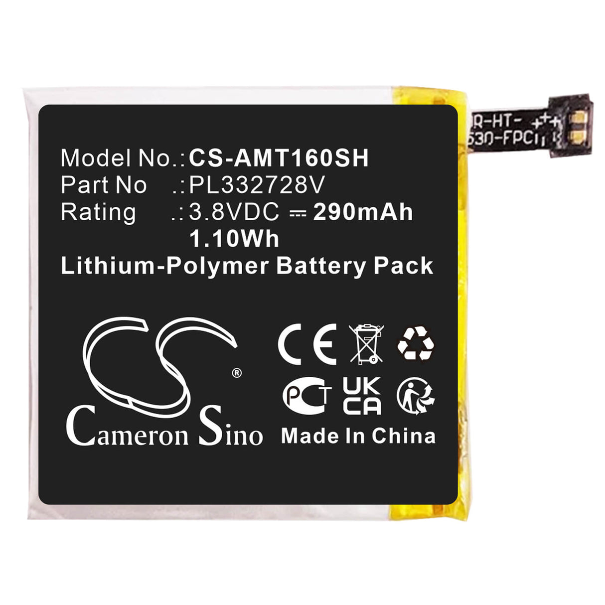 3.8v, Li-polymer, 290mah, Battery Fits Amazfit, A1609, A1619, 1.10wh Smartwatch Cameron Sino Technology Limited   