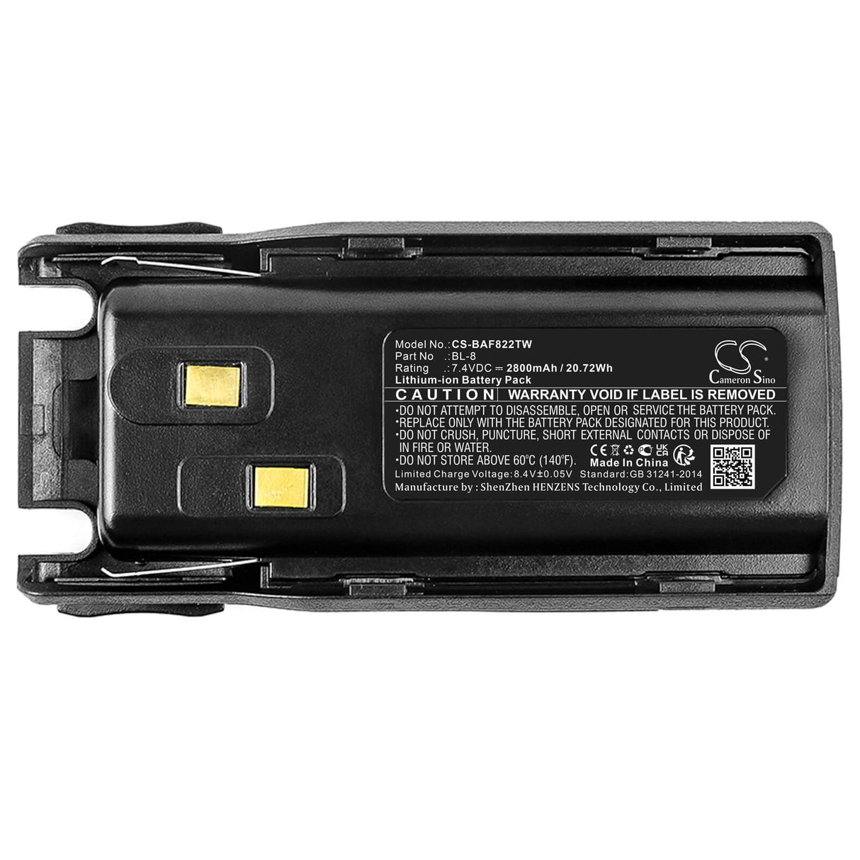 7.4v, Li-ion, 2800mah, Battery Fits Baofeng, Uv-82, Uv-82c, 20.72wh Two-Way Radio Cameron Sino Technology Limited   