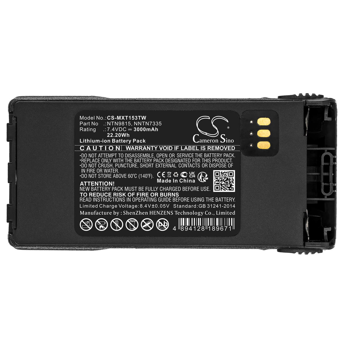 7.4v, Li-ion, 3000mah, Battery Fits Motorola, Mt1500, Nt1500, 22.20wh Two-Way Radio Cameron Sino Technology Limited   