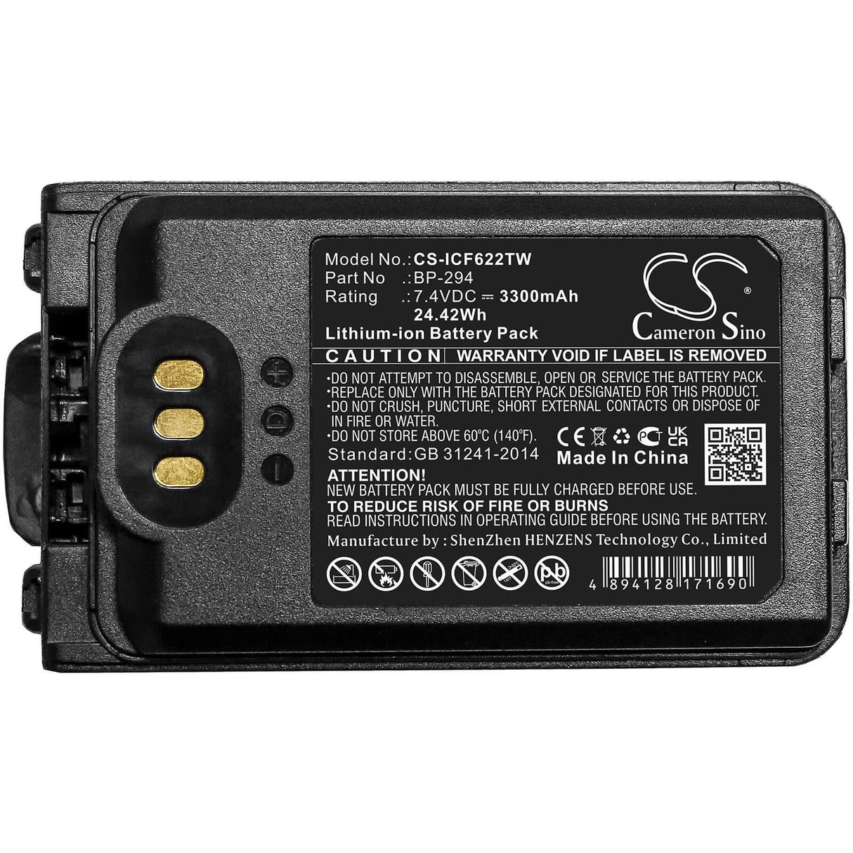 7.4v, Li-ion, 3300mah, Battery Fit's Icom, Ic-f52d, Ic-f62d, Ic-m85, 24.42wh Two-Way Radio Cameron Sino Technology Limited   