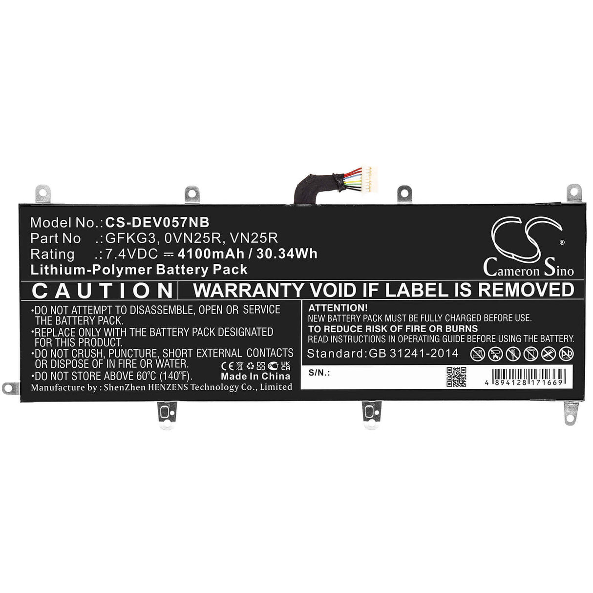 7.4v, Li-polymer, 4100mah, Battery Fit's Dell, Venue 10 Pro, Venue 10 Pro 5056, 30.34wh Batteries for Electronics Cameron Sino Technology Limited   