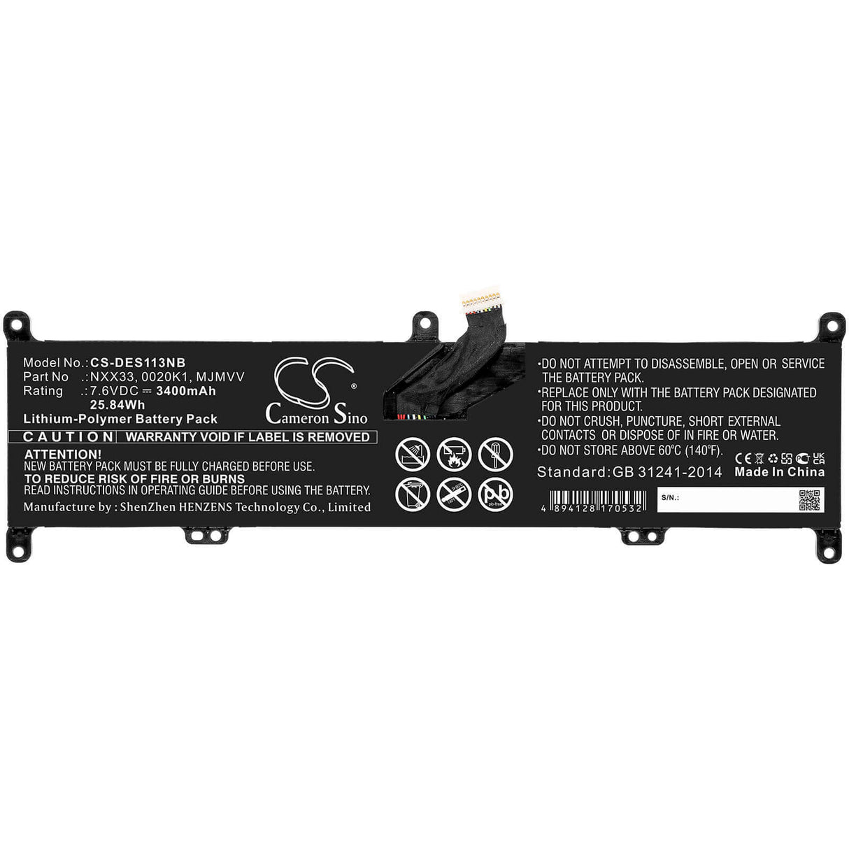 7.6v, Li-polymer, 3400mah, Battery Fit's Dell, Inspiron 11 3195 2-in-1, 25.84wh Batteries for Electronics Cameron Sino Technology Limited   