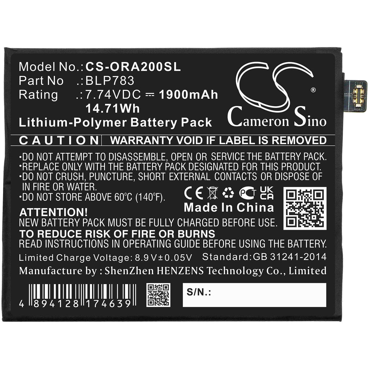 7.74v, 1900mah, Li-polymer Battery Fit's Oppo, Ace2 2020, Pdhm00, Reno Ace2, 14.71wh Mobile, SmartPhone Cameron Sino Technology Limited   