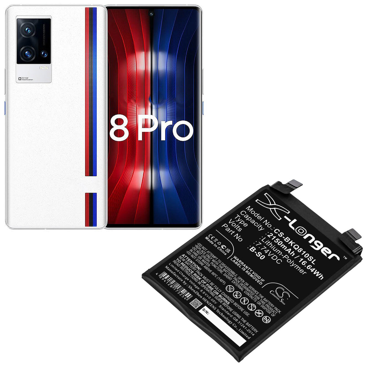 7.74v, Li-polymer, 2150mah, Battery Fits Vivo, Iqoo 8 Pro, V2141a, 16.64wh Mobile, SmartPhone Cameron Sino Technology Limited   