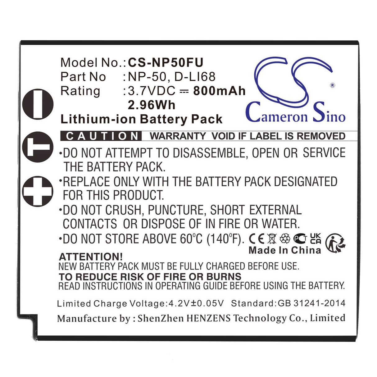 Camera Battery For Fujifilm Finepix F100fd, fits NP-50, NP-50A , 3.7v, 800mah - 2.96wh Camera Cameron Sino Technology Limited   