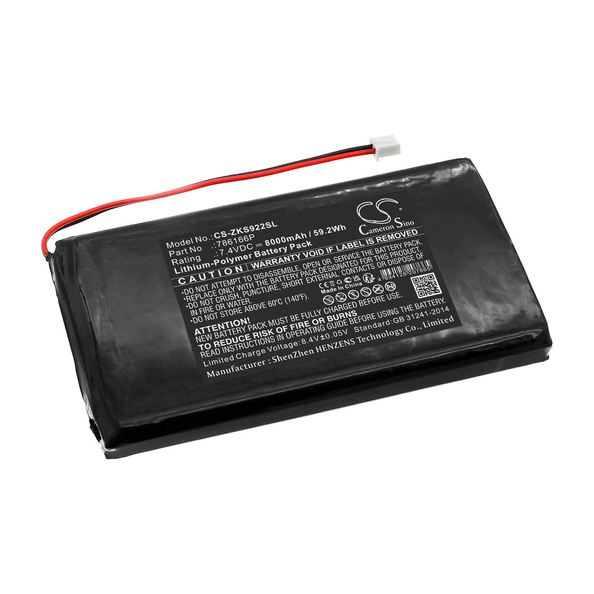 7.4V, Li-Polymer, 8000mAh Time Clock Battery Fits Zkteco, S922, 59.2Wh Time Clock Cameron Sino Technology Limited   