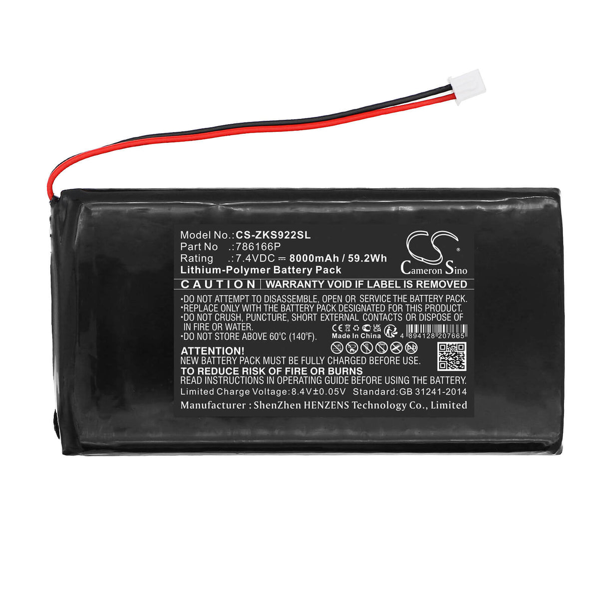 7.4V, Li-Polymer, 8000mAh Time Clock Battery Fits Zkteco, S922, 59.2Wh Time Clock Cameron Sino Technology Limited   