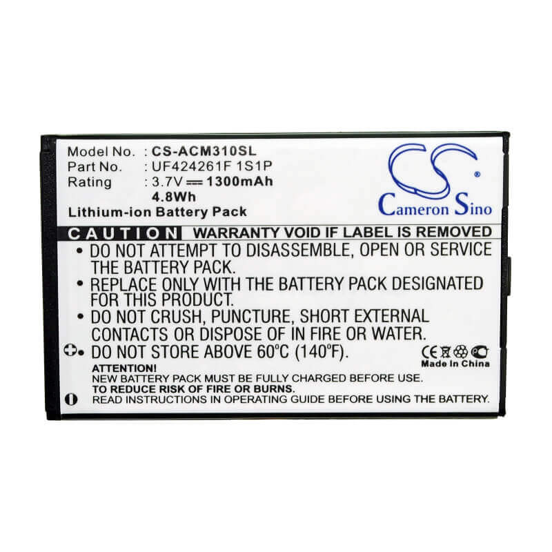 Battery For Acer Allegro, M310, W4 3.7v, 1300mah - 4.81wh PDA, Pocket PC Cameron Sino Technology Limited   